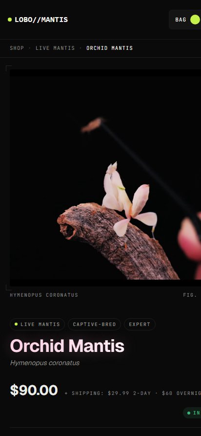 Orchid Mantis product page on a 412-pixel mobile viewport