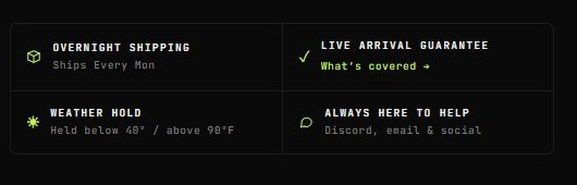Product-page promise panel: overnight shipping, live arrival guarantee, weather hold below 40 or above 90 degrees